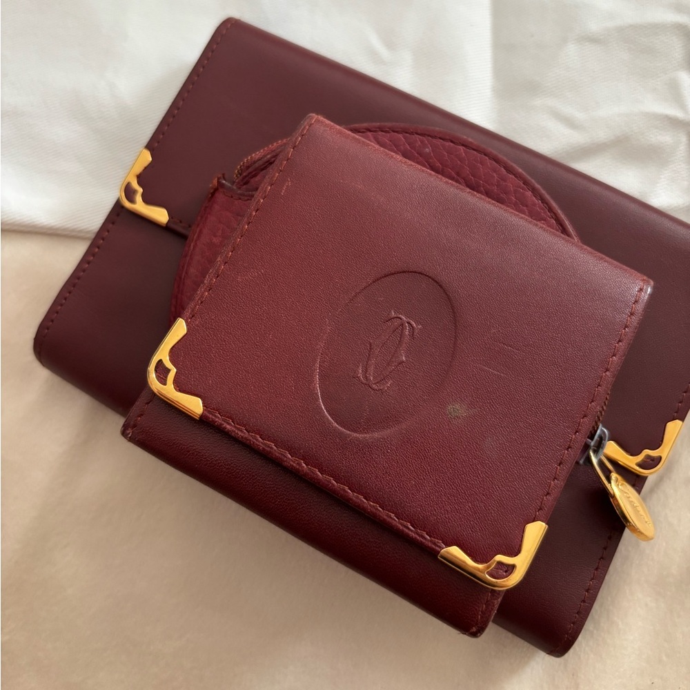 Vintage Cartier Burgundy Leather Wallet Bundle with Gold Accents